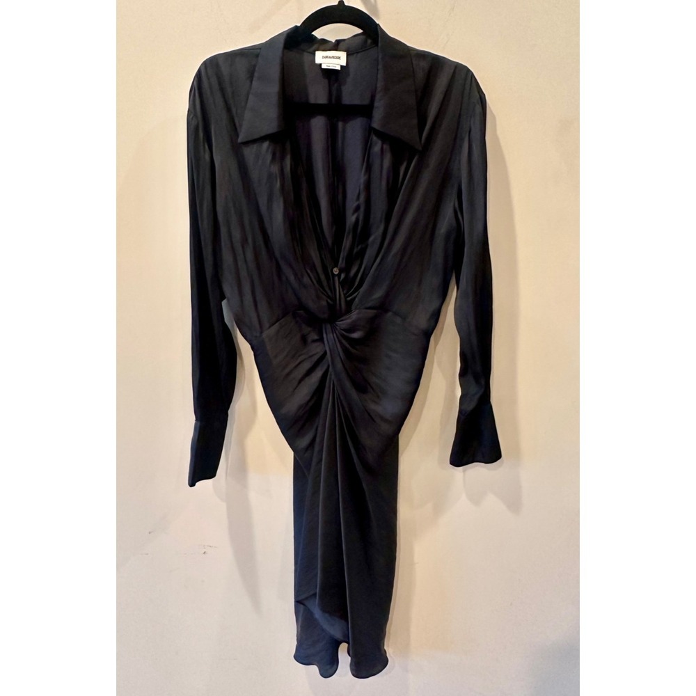 Zadig & Voltaire Rozo Satin Twist Front Dress Black Sz Small Deep‎ V-Neck $478